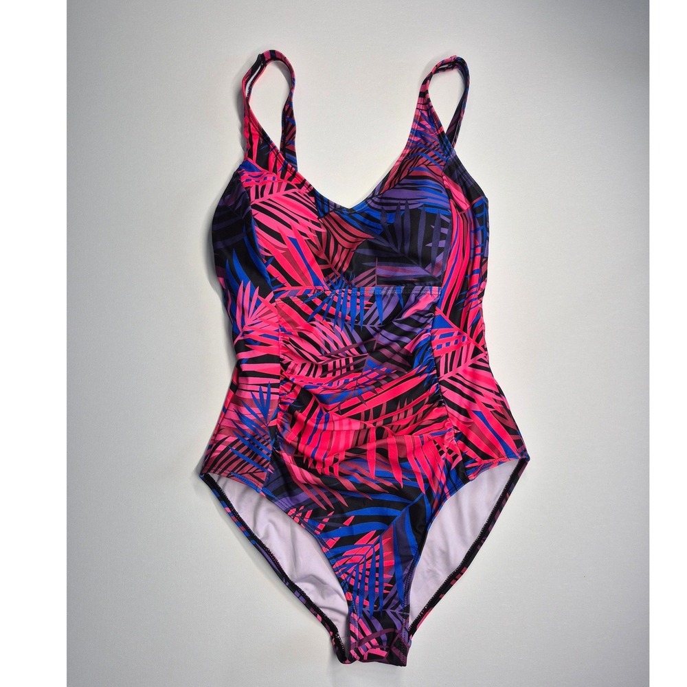 Aidonger One Piece Swimsuit Pink Blue Tropical Palm Leaf Ruched Size M‎ NWT